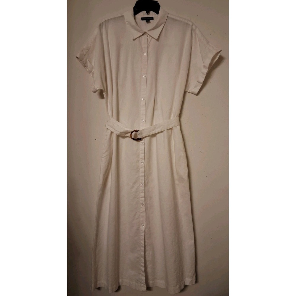 Saks Fifth Avenue Sun Dress Womens L White Linen Blend Nautical Lagenlook Belted